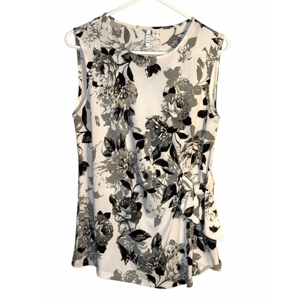 Elle Black & White Floral Sleeveless Blouse Size Small Tie Waist